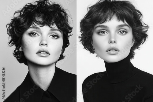 Two women with short, curly hairstyles, one with bangs, both in black and white.