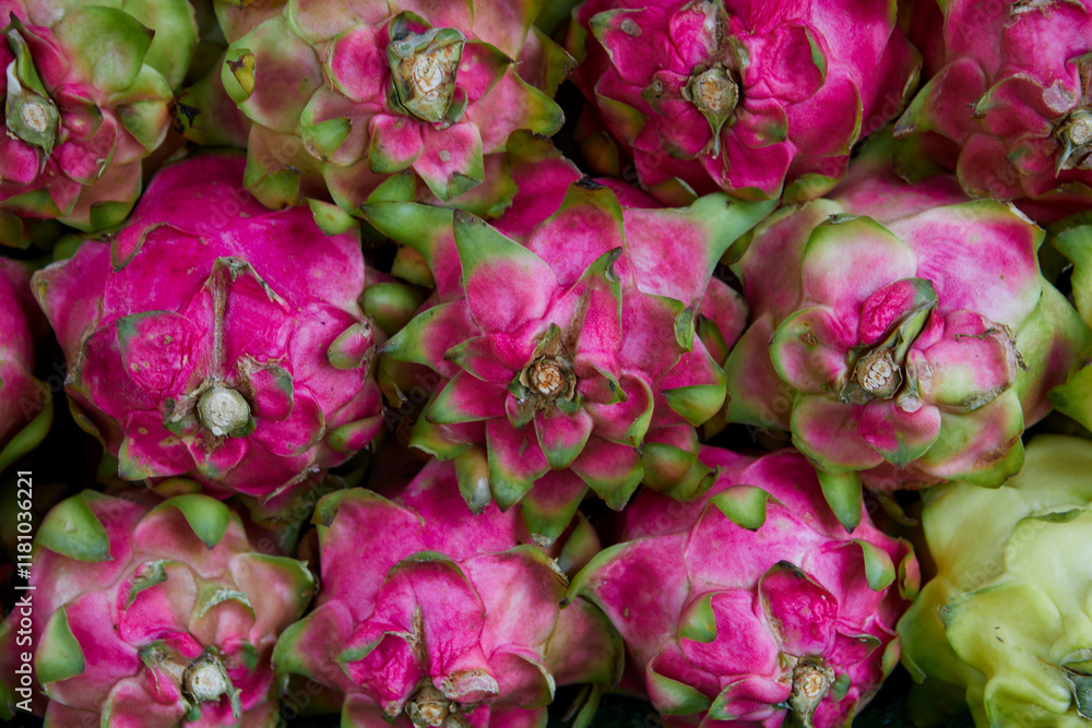 Close-up of ripe pink Pitaya in market
Close-up of ripe pink Pitaya in market