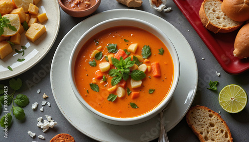 Vibrant vegetable soup in bowl on winter kitchen counter, seasonal health photo