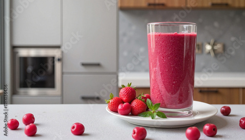 Vibrant winter berry smoothie on kitchen island, healthy lifestyle photo