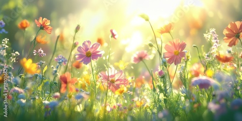 Backlit flowers in a vibrant meadow create a stunning visual display, highlighting the beauty of flowers and the enchanting atmosphere of the serene meadow setting.