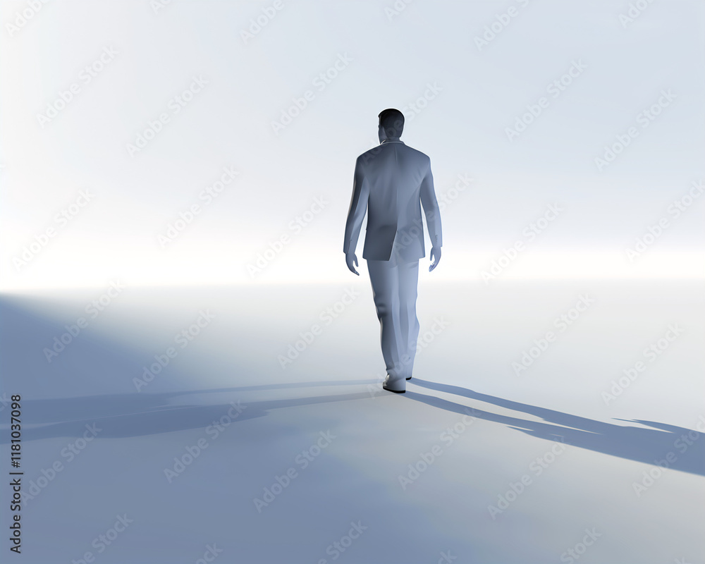Obraz premium Minimalist Illustration of a Man Walking in a Serene Space with Long Shadow, Perfect for Business and Inspirational Concepts