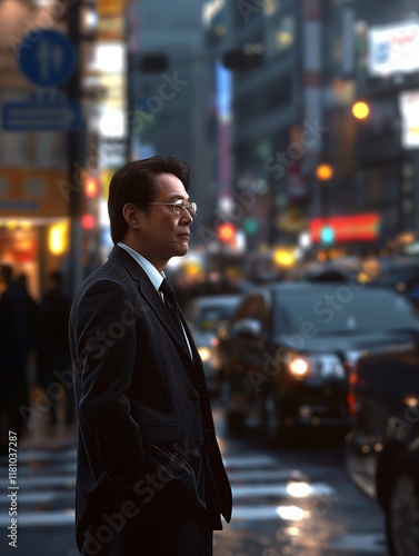 Wallpaper Mural A Japanese businessman in a sharp black suit and tie, standing confidently on a busy Tokyo street at dusk. Torontodigital.ca
