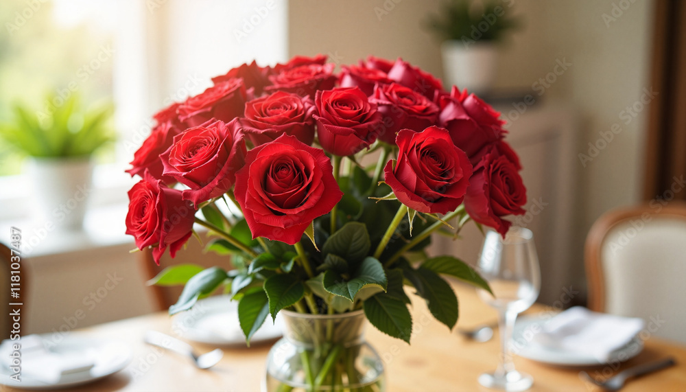 Obraz premium Bouquet of red roses on dining table with elegant setting