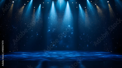 3D Illustration of Dark Blue Stage with Golden Spotlight Lines and Glitter Texture for Award Ceremony Design. photo