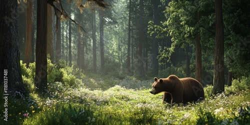 Spring forest featuring a brown bear Ursus arctos in its natural habitat. The brown bear explores the lush landscape, showcasing the beauty and grace of the brown bear in the wild. photo