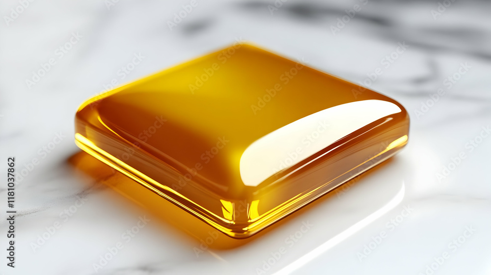Shiny Gold Square Block Sits on White Marble Surface with Soft Lighting Shiny Gold Square Block Sits on White Marble Surface with Soft Lighting