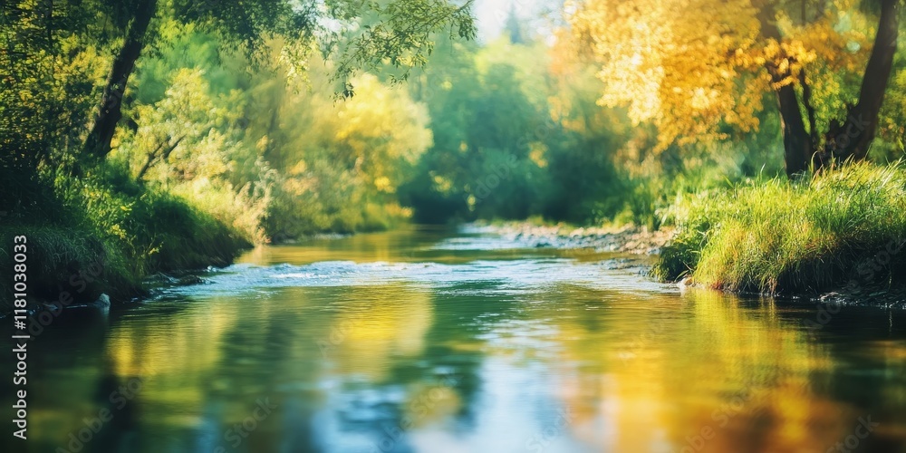 Fototapeta premium Serene countryside scene featuring a blurred background with a tranquil river and lush trees, showcasing the beauty of nature in the countryside. Ideal for nature lovers and tranquility seekers.