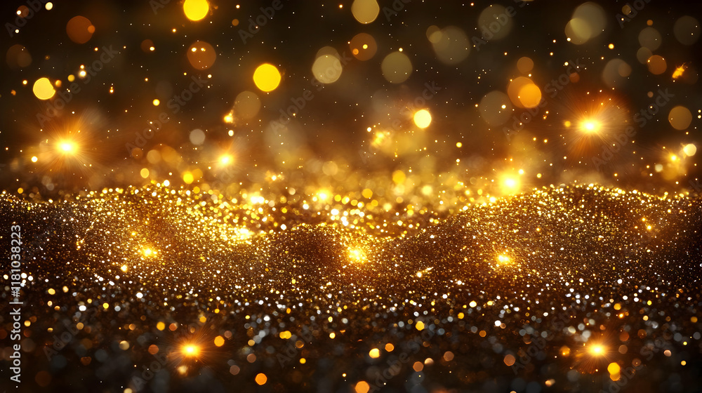 Fototapeta premium Golden Glitter Sparkles on a Dark Background with Soft Bokeh Lighting Effects