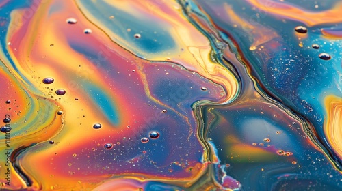 Multicolored spot gasoline creates an intriguing abstract background, resembling an oil spill on water. The vibrant hues of this abstract gasoline spot enhance the visual appeal of the composition.
