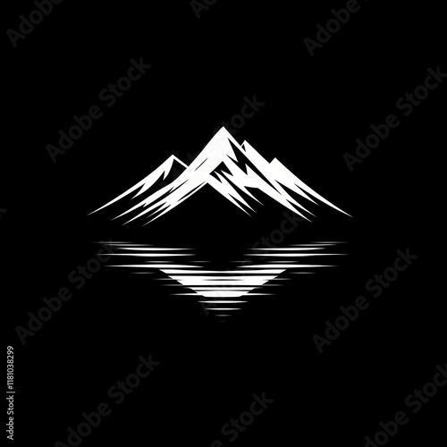 Stylized white mountains reflected in water on black background. photo