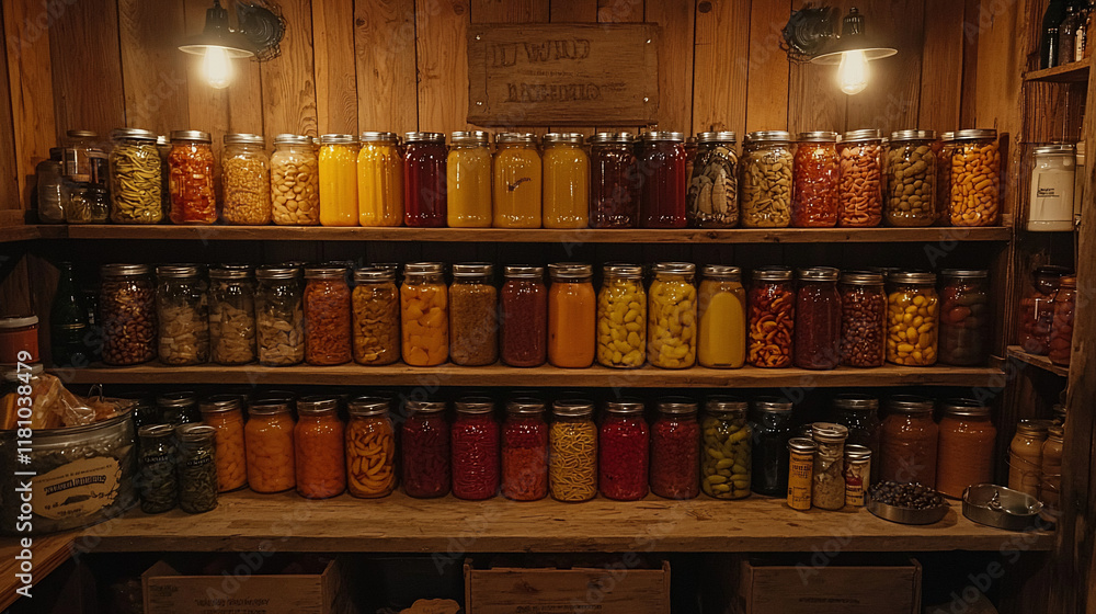Wooden shelves filled with various jars of preserved food. Wooden shelves filled with various jars of preserved food.