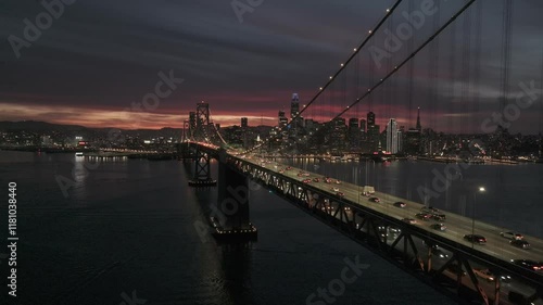 Aerial video of the Oakland Bay Bridge in Oakland California United States. California