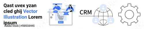 Two team members working at a desk with a shopping cart and CRM diagram. Gear icon representing system integration. Ideal for e-commerce, teamwork, CRM, online shopping, collaboration, system