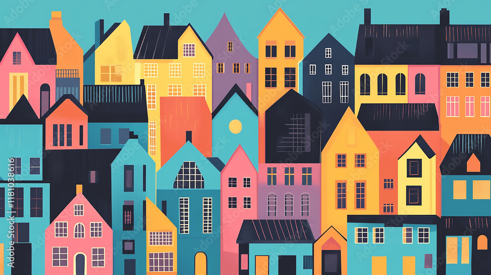 A colorful drawing of houses stacked each other with high density with a blue sky in the background A colorful drawing of houses stacked each other with high density with a blue sky in the background