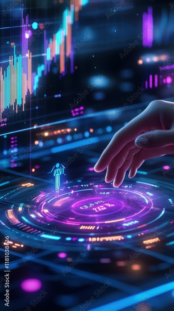 A futuristic interface displaying data visualization with a hand interacting digitally, highlighted by vibrant colors and graphs. A futuristic interface displaying data visualization with a hand interacting digitally, highlighted by vibrant colors and graphs.