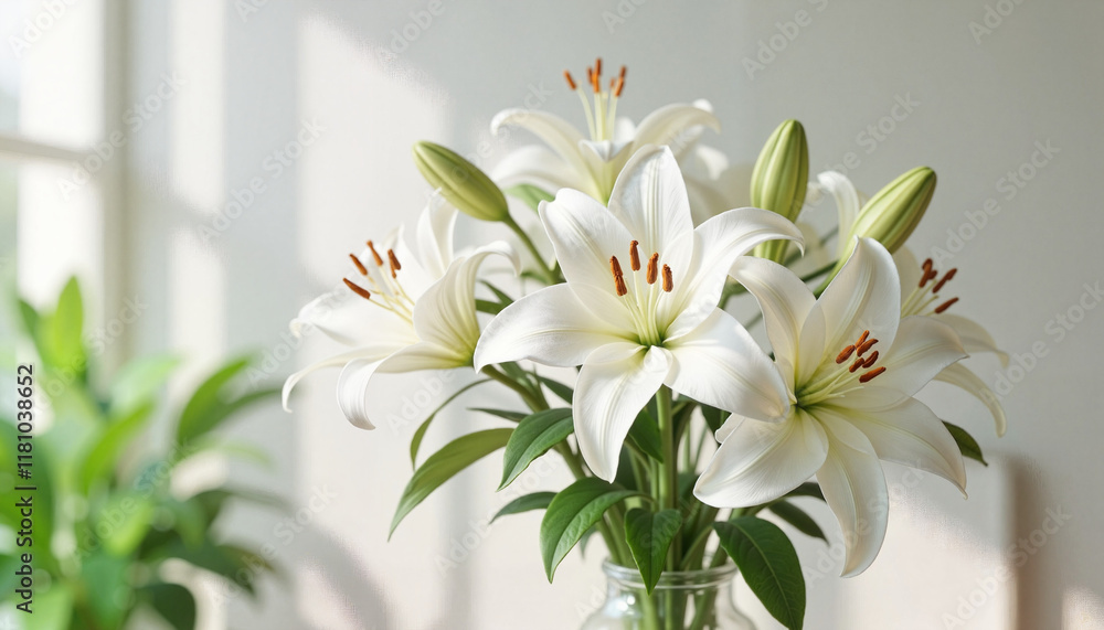 Obraz premium White lilies in a vase against a bright background