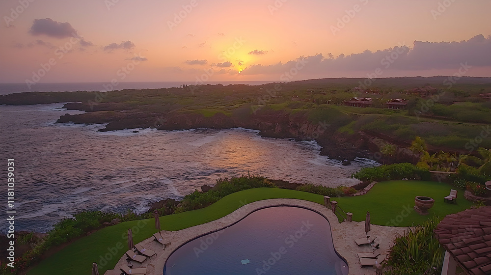 Naklejka premium Oceanfront pool at sunset, coastal landscape, luxury resort, Hawaii.