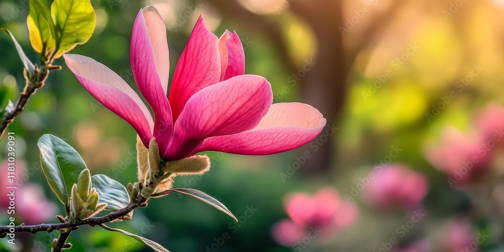 Fototapeta premium Blooming magnolia showcased in a botanical garden setting. The flowering magnolia adds beauty and elegance to the botanical garden, highlighting the unique features of this flowering magnolia.