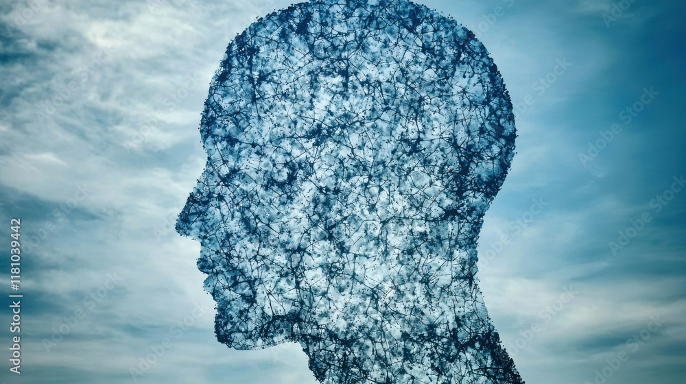 Abstract Head Sculpture Against a Cloudy Sky: A Conceptual Artwork Abstract Head Sculpture Against a Cloudy Sky: A Conceptual Artwork