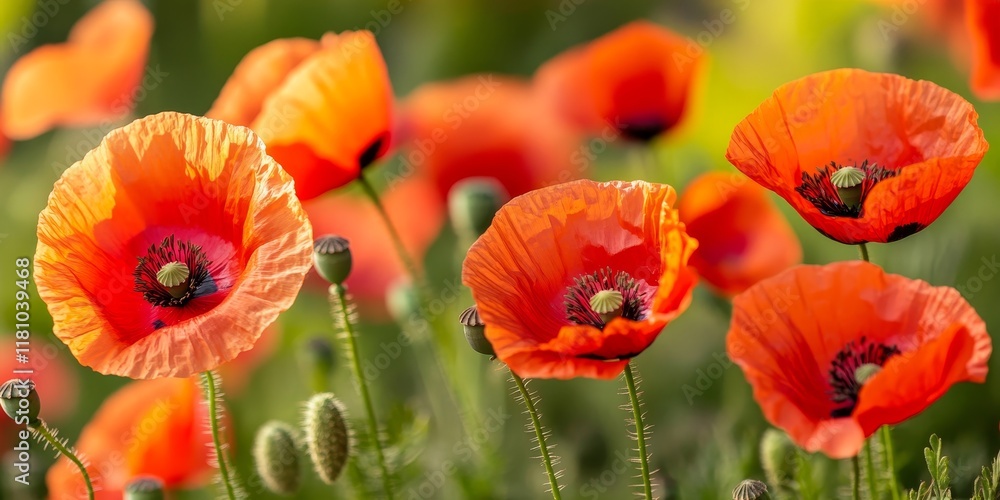 Naklejka premium Vibrant wild poppies blooming in a beautiful field, showcasing the allure of wild poppies in nature s landscape. A stunning display of wild poppies capturing the essence of springtime beauty.