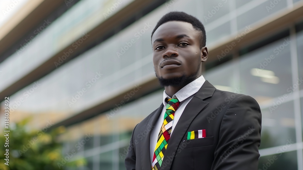 A successful African businessman in a colorful kente cloth tie and a dark suit, standing in front of a contemporary glass building.