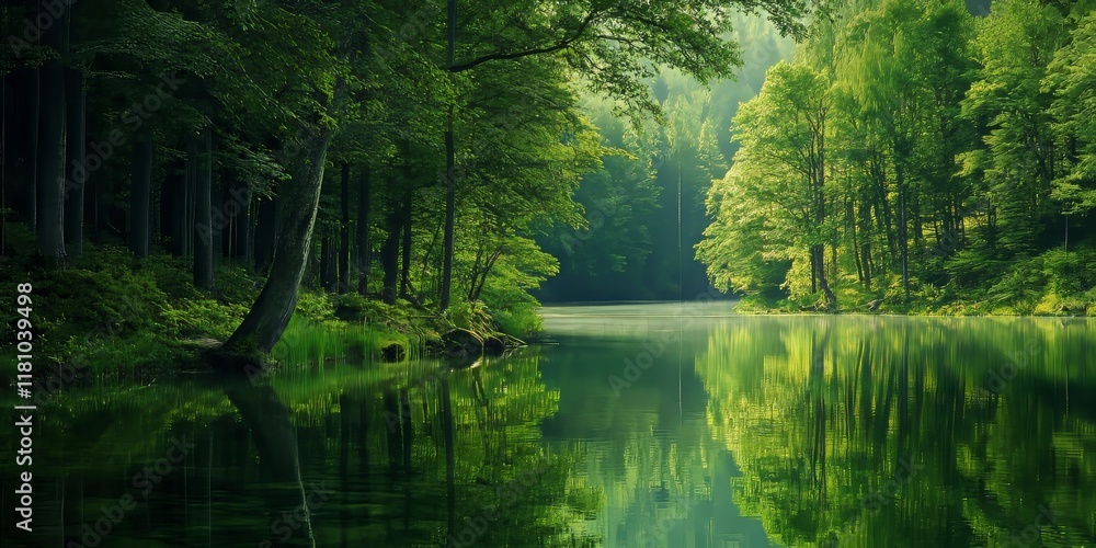 Fototapeta premium Tranquil evening at a green forest by a serene lake coast, where the lush greenery of the green forest meets the calm waters, creating a peaceful atmosphere perfect for reflection.