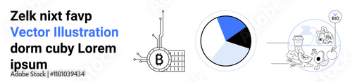 Free Download Text on left with blue link, Bitcoin being mined, blue and black pie chart, delivery packages. Ideal for cryptocurrency, financial analysis, logistics, tech, e-commerce, infographics. Landing page - GFXLoad