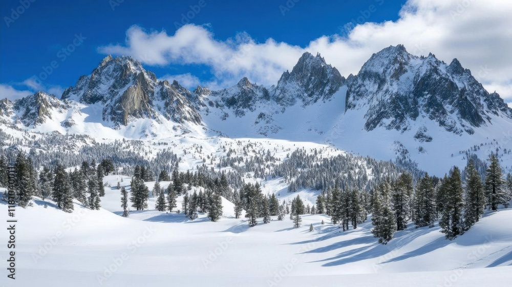 Snow-covered mountains with pine trees under a bright blue sky. Snow-covered mountains with pine trees under a bright blue sky.
