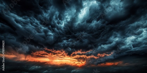 Dramatic black cloud formation and thunderstorm precede rain, showcasing the powerful presence of dark sky and black clouds, creating an intense atmospheric scene before the storm. photo