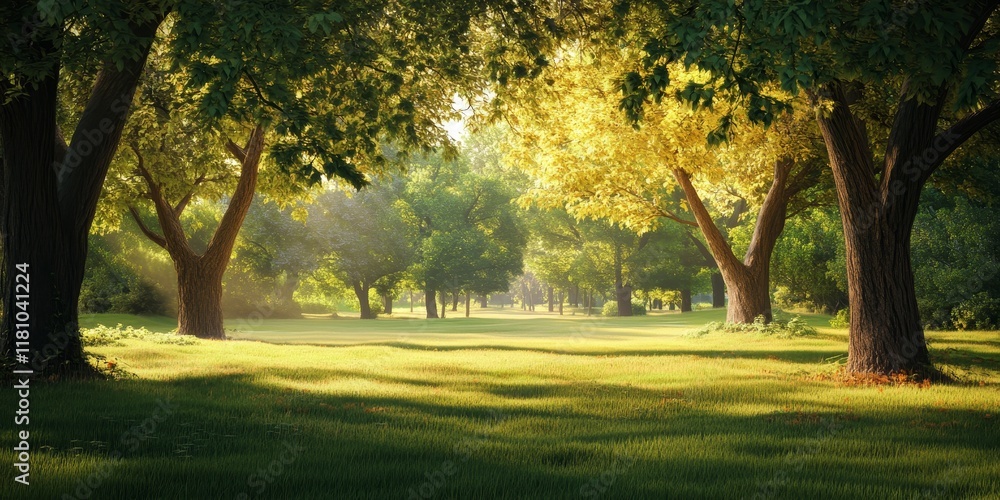 Naklejka premium Summer in nature features warm trees, creating a serene atmosphere that showcases the beauty of nature. These vibrant trees enhance the essence of summer and the charm of nature.