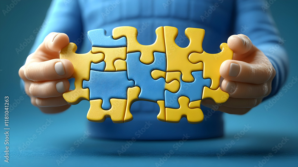 3D Rendered Hands Holding Interlocking Blue and Yellow Puzzle Pieces