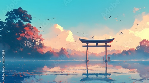 Calm Japanese anime background featuring serene landscapes and soft pastel tones photo