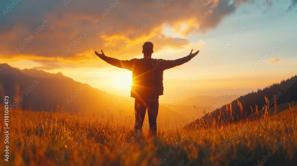 Fototapeta premium Celebrating Life's Journey Mountain Sunset Inspirational Image Nature Wide Shot Personal Growth