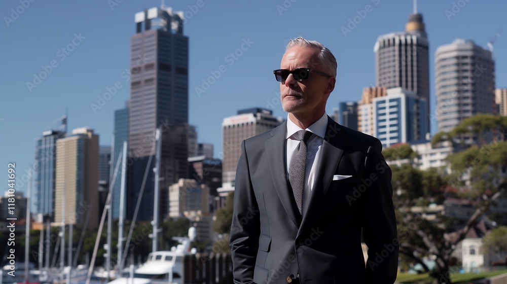 An Australian businessman in a tailored charcoal suit, standing in a sunny outdoor setting with a skyline and harbor view. An Australian businessman in a tailored charcoal suit, standing in a sunny outdoor setting with a skyline and harbor view.