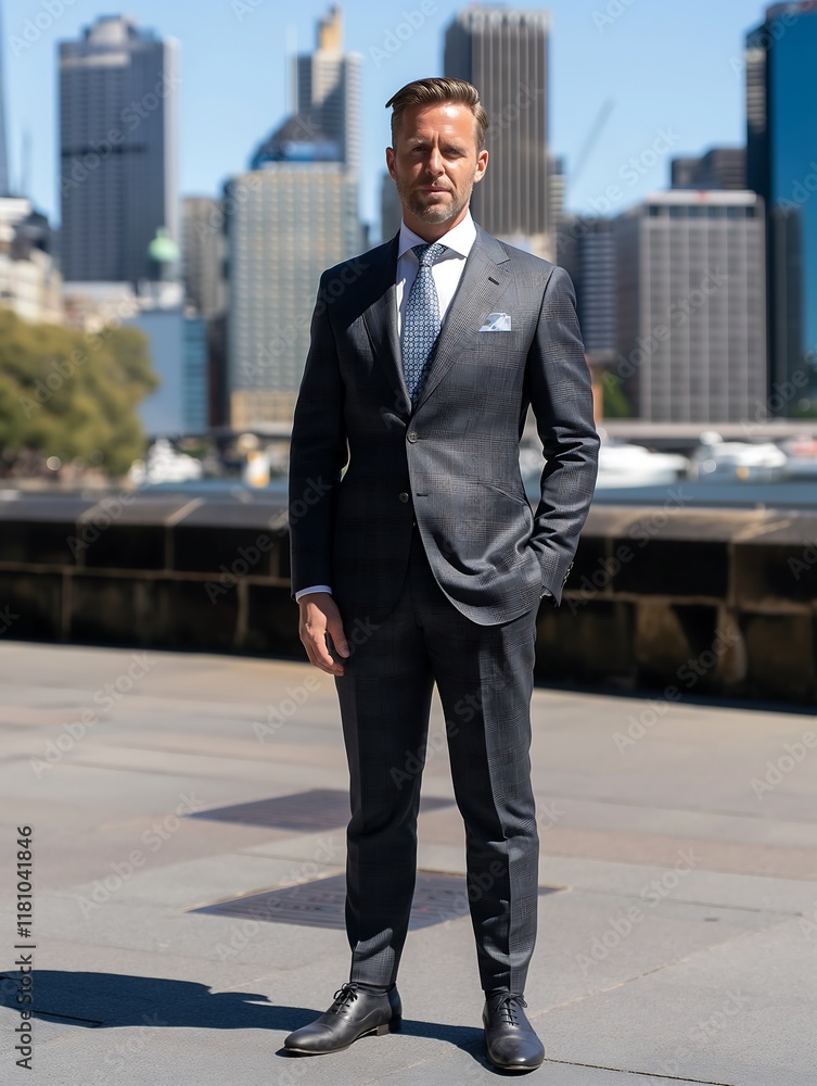 An Australian businessman in a tailored charcoal suit, standing in a sunny outdoor setting with a skyline and harbor view. An Australian businessman in a tailored charcoal suit, standing in a sunny outdoor setting with a skyline and harbor view.