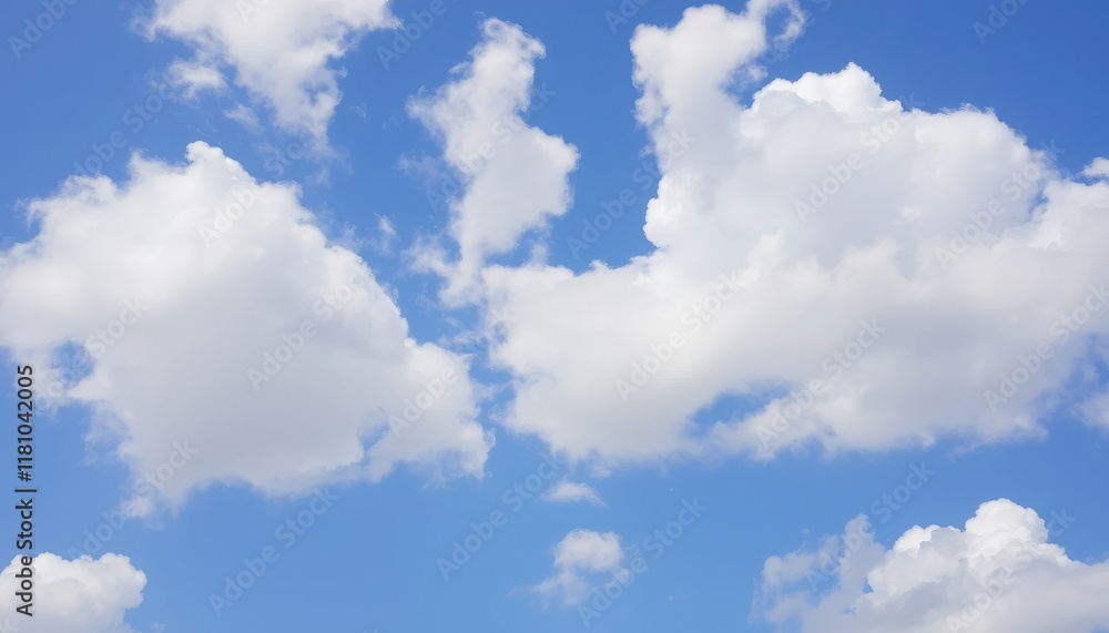 A vibrant blue sky dotted with fluffy white cumulus clouds A vibrant blue sky dotted with fluffy white cumulus clouds