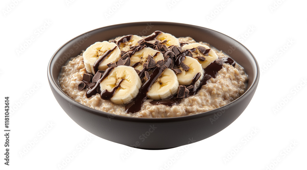 Cooked oatmeal with banana slices and chocolate in a dark bowl close up, created with Generative AI technology, PNG Cooked oatmeal with banana slices and chocolate in a dark bowl close up, created with Generative AI technology, PNG