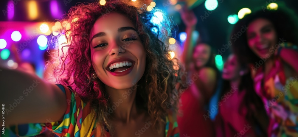 Vibrant party atmosphere with joyful woman taking selfie surrounded by friends, colorful lights and festive mood, copy space for text Vibrant party atmosphere with joyful woman taking selfie surrounded by friends, colorful lights and festive mood, copy space for text