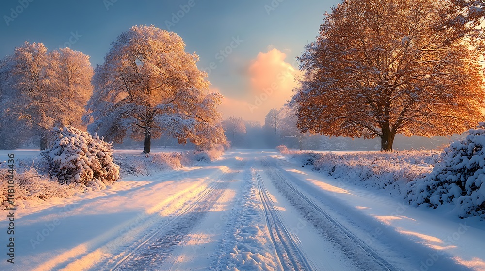 Winter Sunrise Landscape: A Snowy Path Through the Woods Winter Sunrise Landscape: A Snowy Path Through the Woods