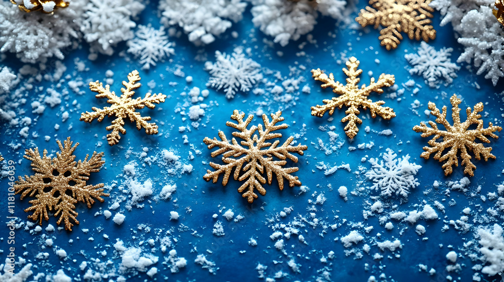 Golden and White Snowflakes Adorn a Festive Blue Background with a Sprinkle of Winter Magic Golden and White Snowflakes Adorn a Festive Blue Background with a Sprinkle of Winter Magic