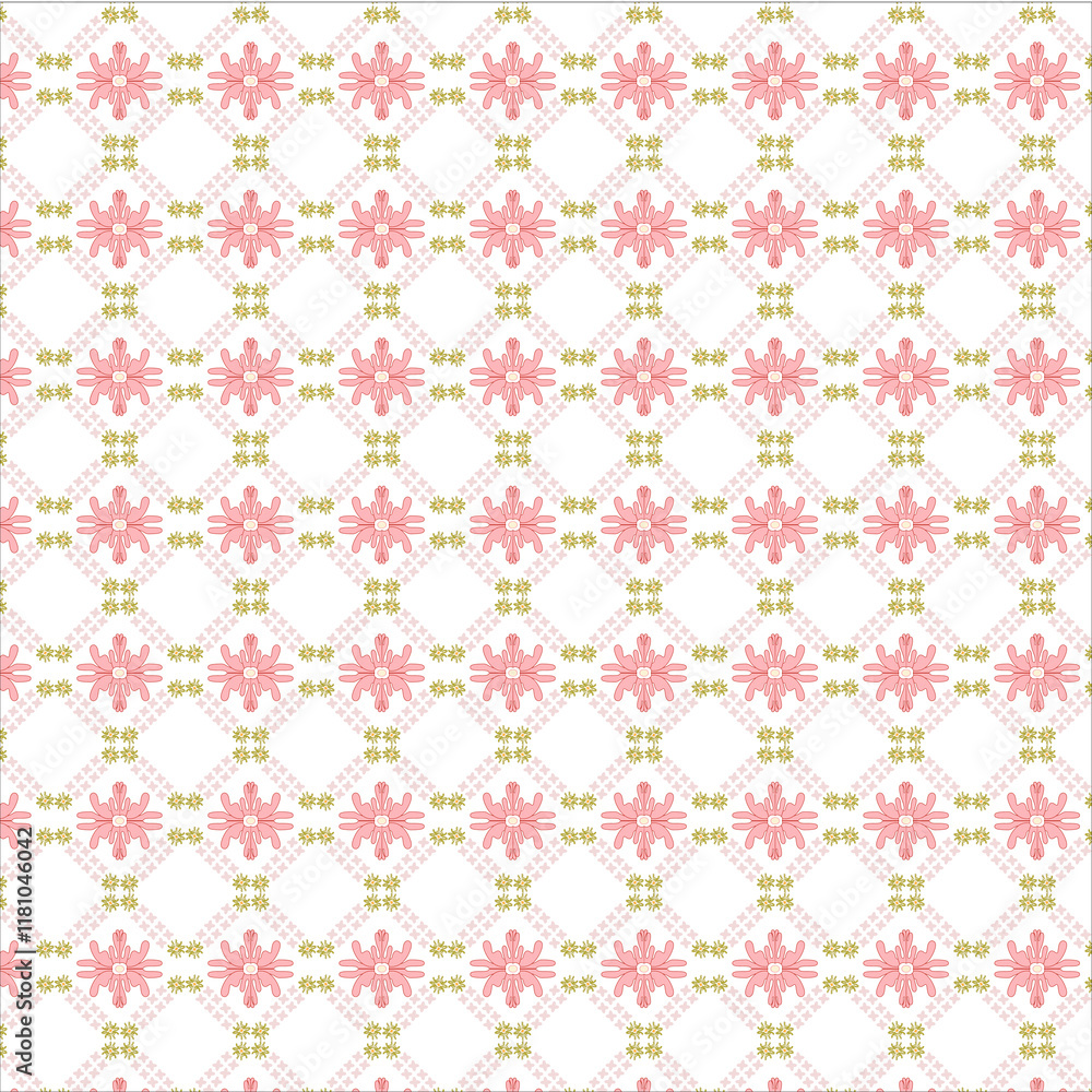 Vector pink flowers on a white background with green flowers surrounding them. The pattern is arranged in long, straight rows. Decorative design that looks bright and cute Vector pink flowers on a white background with green flowers surrounding them. The pattern is arranged in long, straight rows. Decorative design that looks bright and cute