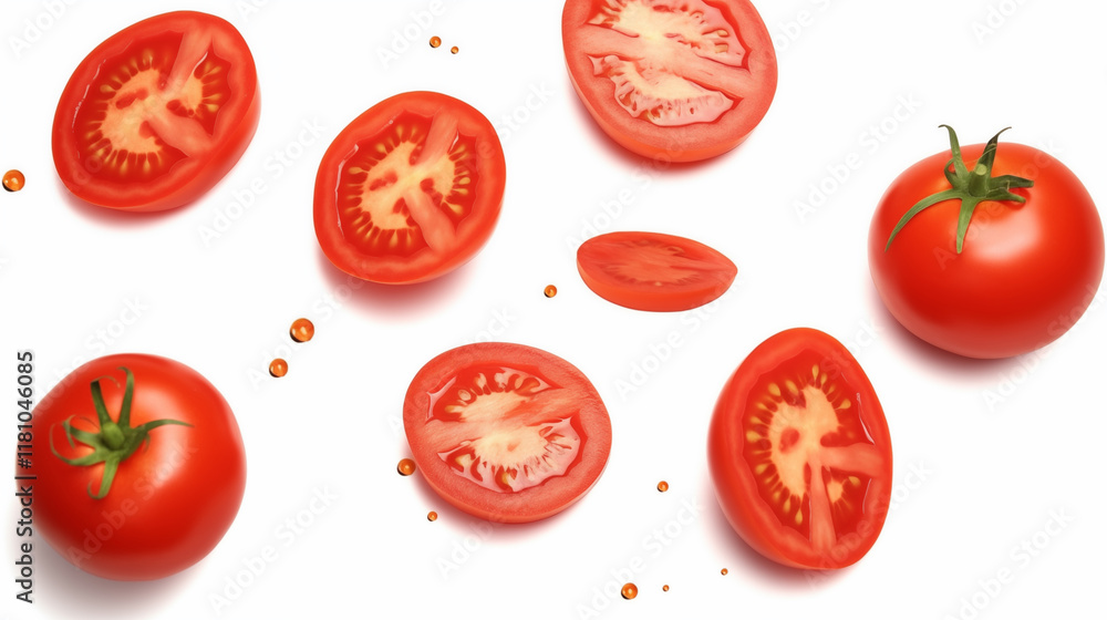 Fototapeta premium Fresh Whole and Sliced Tomatoes on White Background with Juice Splashes. Ai generative