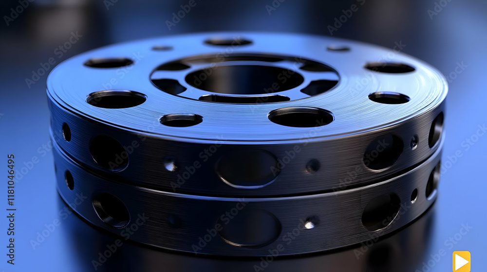 Two Metallic Discs with Holes Stacked on Blue Background Two Metallic Discs with Holes Stacked on Blue Background