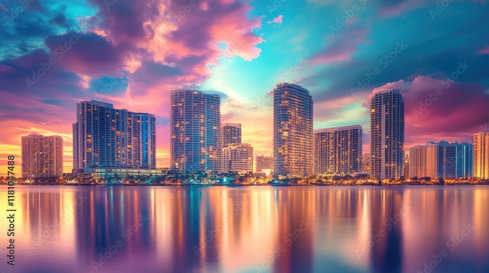 Fototapeta premium A colorful cityscape with futuristic architecture and water reflections under a dramatic sunset sky