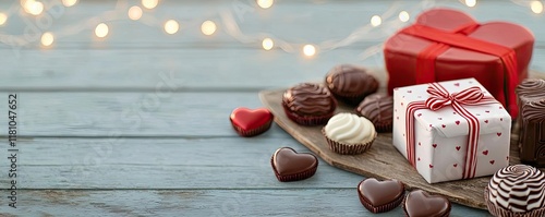 Valentine romance idea. Assorted chocolates and gifts on a rustic table, perfect for celebrations and holidays.
