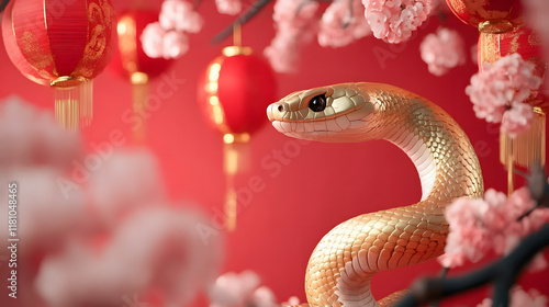 Beautiful golden wavy snake on red background with cherry blossom flowers and asian lanterns. Happy Chinese Lunar New Year 2025. Snake zodiac sign, horoskope. Animal character, exotic pet