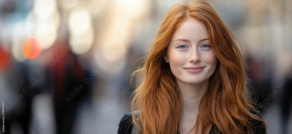 Red-haired woman smiling in urban setting, soft focus background, natural beauty, freckles, vibrant hair, warm sunlight, candid portrait, copy space for text Red-haired woman smiling in urban setting, soft focus background, natural beauty, freckles, vibrant hair, warm sunlight, candid portrait, copy space for text