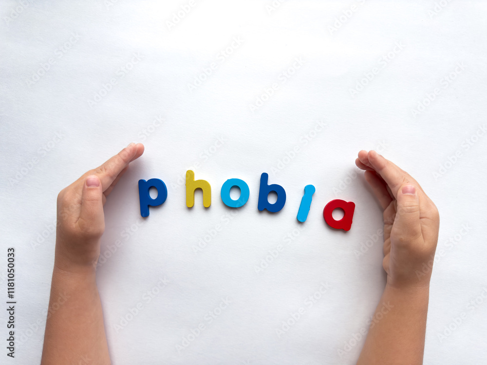 Fototapeta premium Colorful letters forming the word phobia with hands on a white background