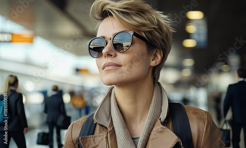 Woman traveling, a stylish traveler at an airport, wearing sunglasses and a casual outfit, with a busy terminal in the background photo